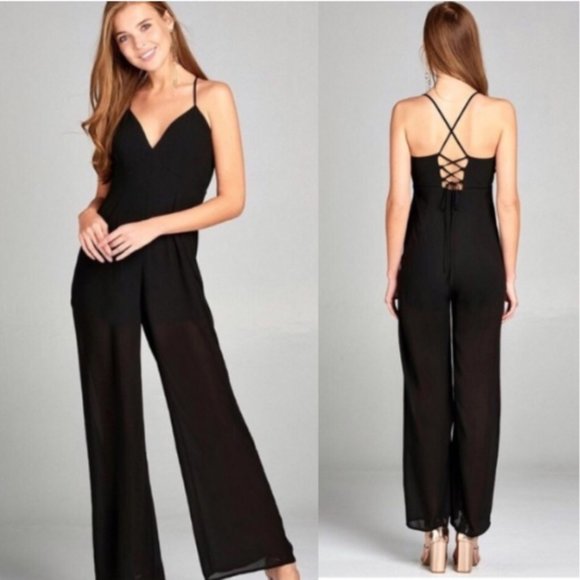 Active USA Pants - Black Jumpsuit w Lace-Up Back